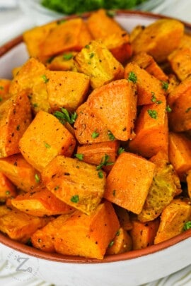 close up of Air Fryer Roasted Sweet Potatoes