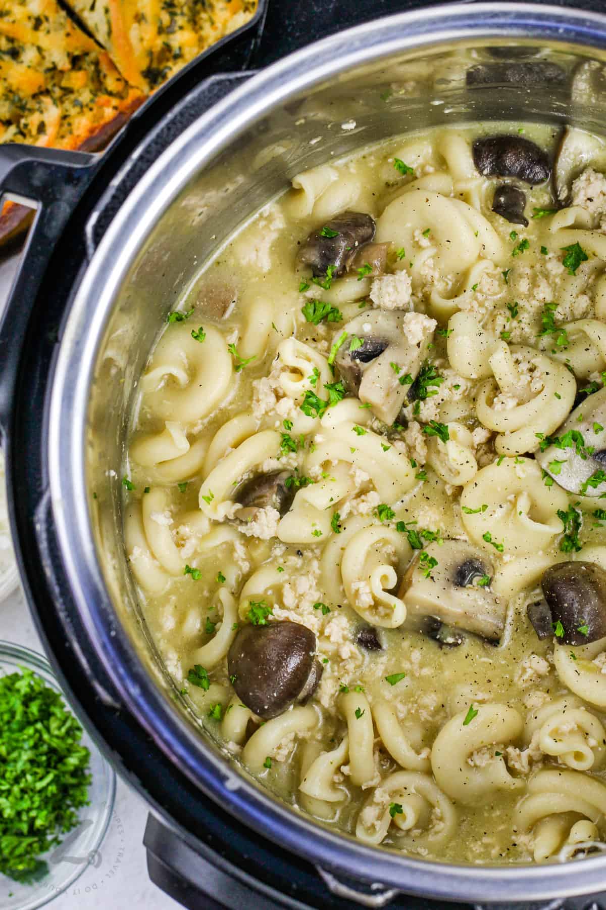 cooked Instant Pot Chicken and Mushroom Pasta in the pot