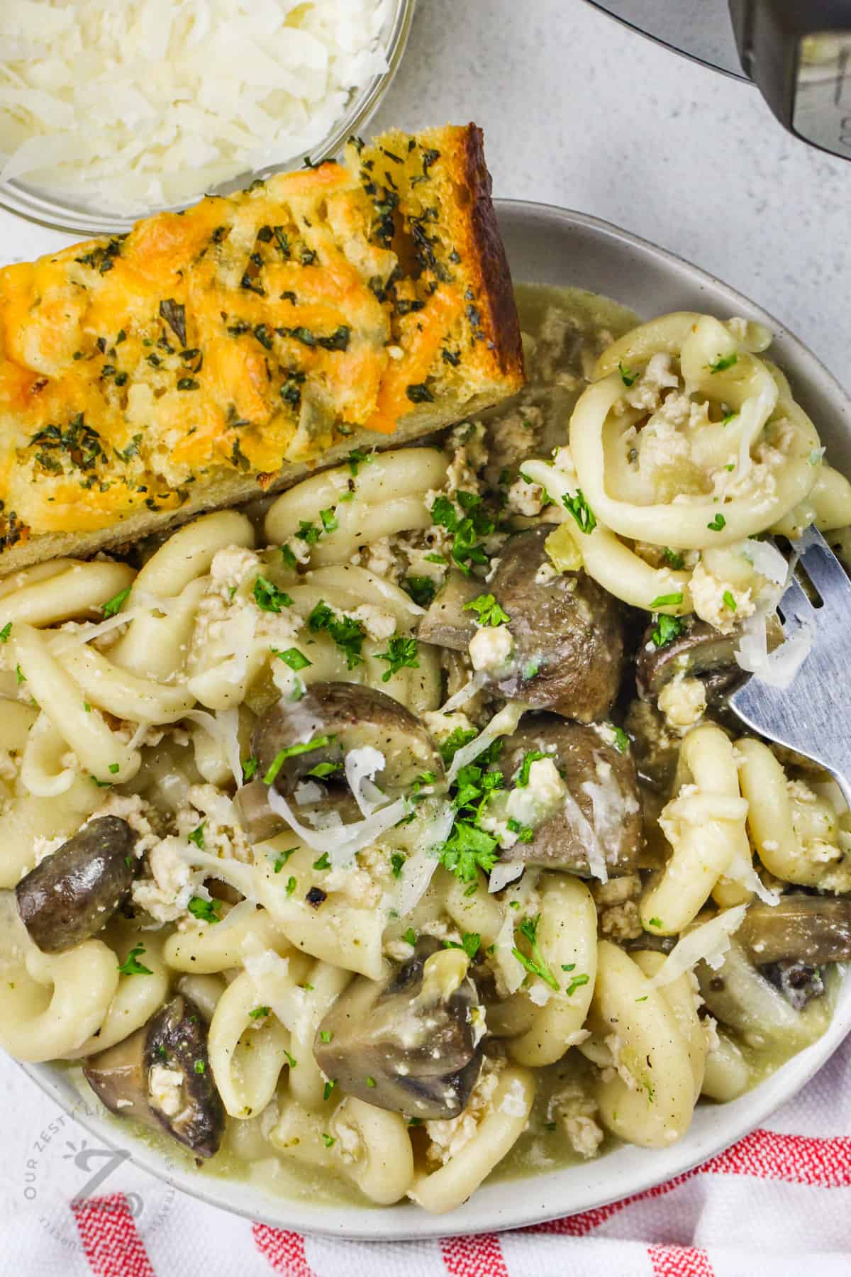 top view of Instant Pot Chicken and Mushroom Pasta on a plate