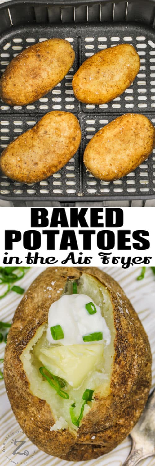 cooked Air Fryer Baked Potatoes in the fryer and plated with writing