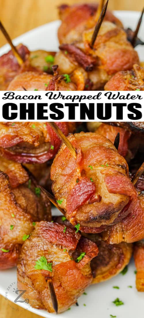 plated Bacon Wrapped Water Chestnuts with writing