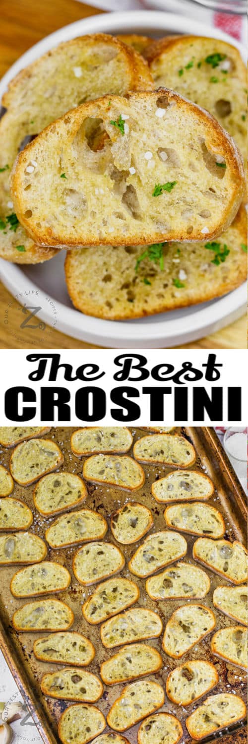 baked Crostini on a baking sheet and plated with writing