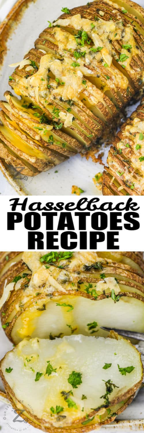 Hasselback Potatoes plated and sliced with writing