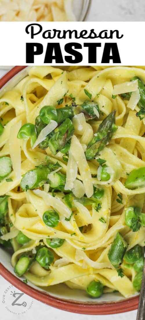 close up of plated Parmesan Asparagus Pasta with a title
