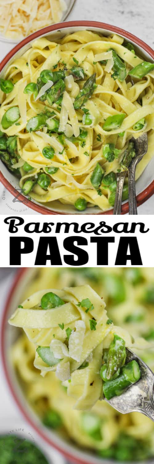 Parmesan Asparagus Pasta in a bowl and on a fork with writing