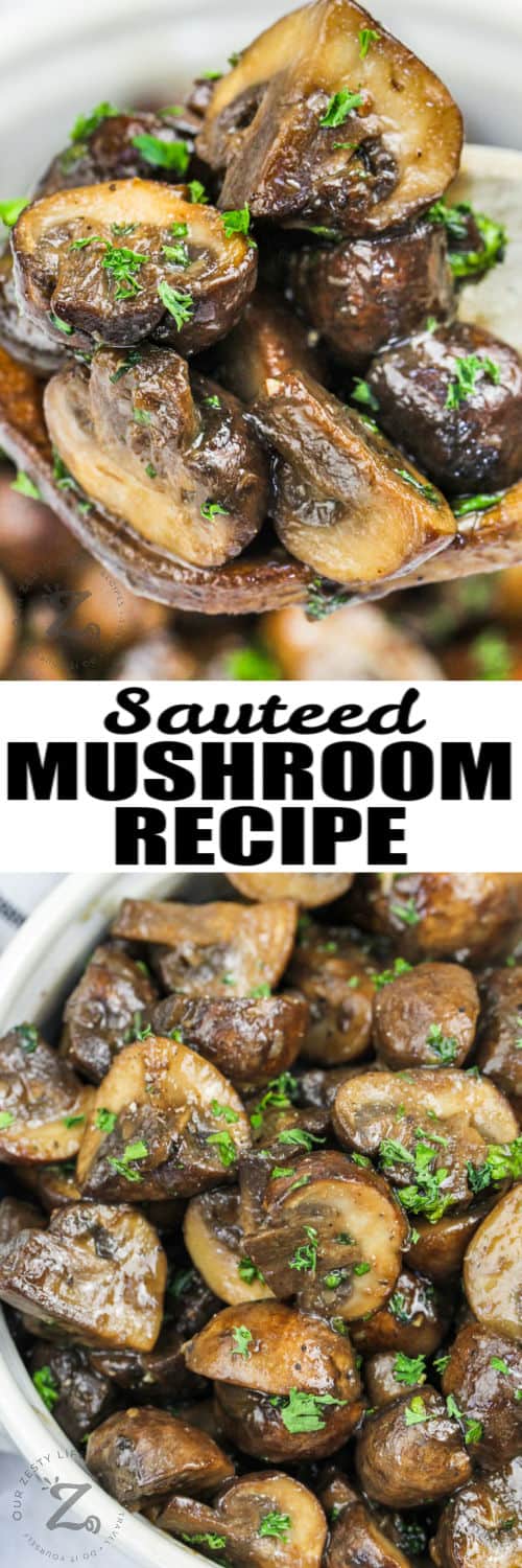 bowl of Sauteed Mushrooms and mushrooms on a spoon with a title