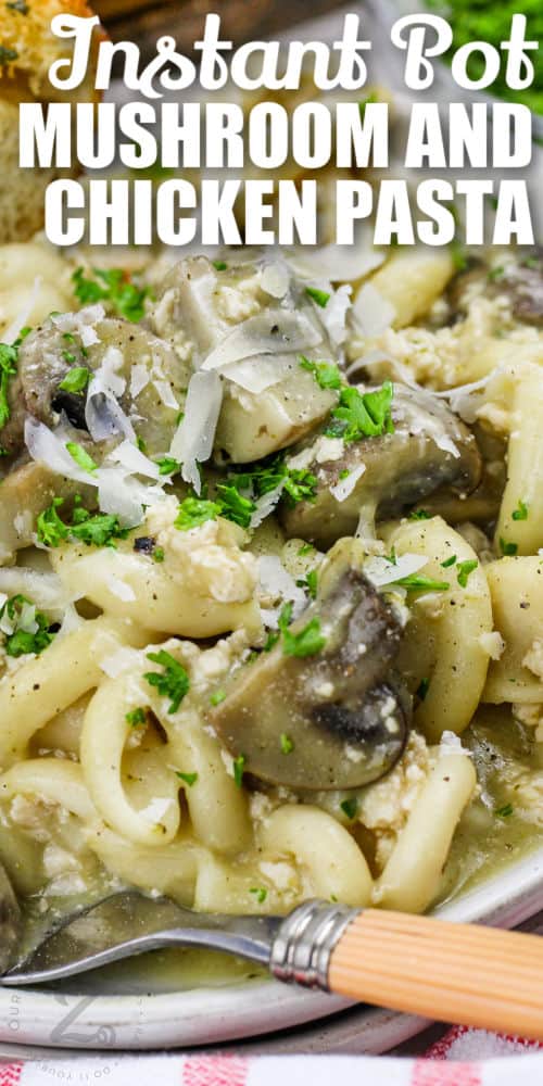 plated Instant Pot Chicken and Mushroom Pasta with writing