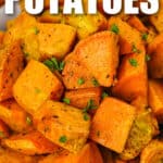 plated Air Fryer Roasted Sweet Potatoes with writing