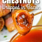 dipping Bacon Wrapped Water Chestnuts in sauce with writing