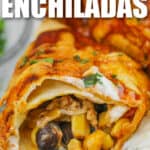 close up of Chicken Enchiladas cut in half with writing