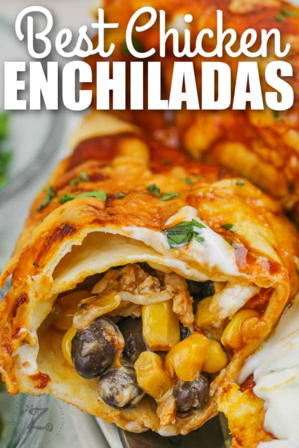 close up of Chicken Enchiladas cut in half with writing