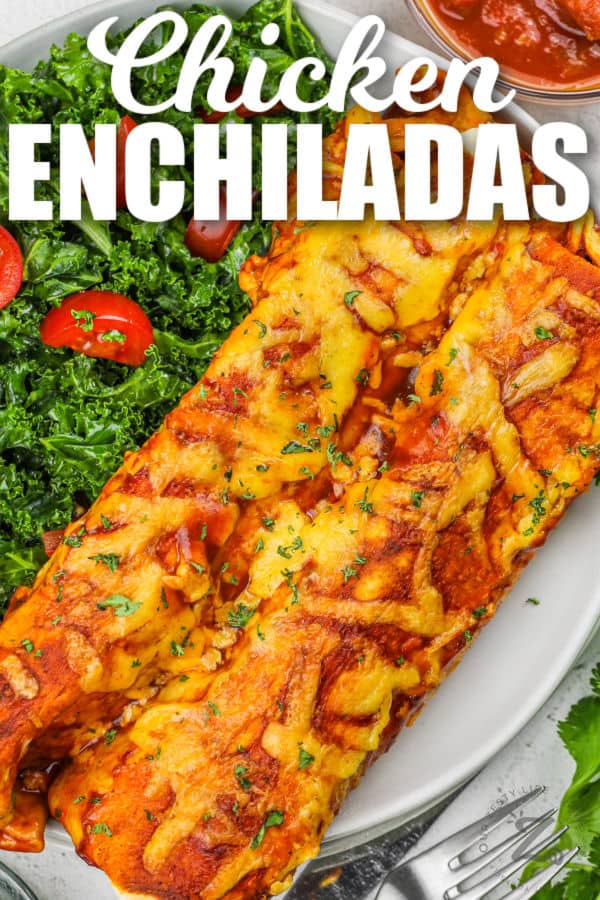plated Chicken Enchiladas with writing
