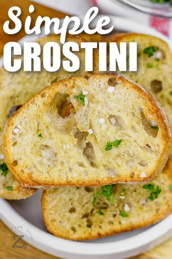 close up of cooked Crostini with a title