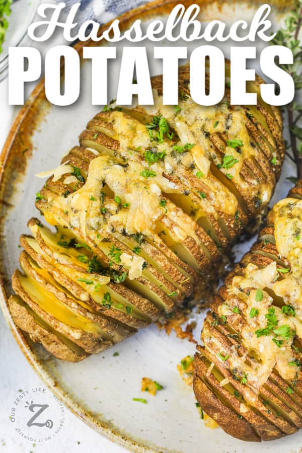 plated Hasselback Potatoes with a title