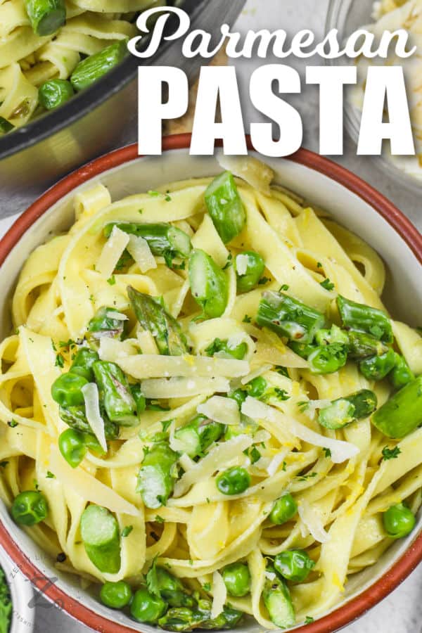 Creamy Parmesan Asparagus Pasta with a title
