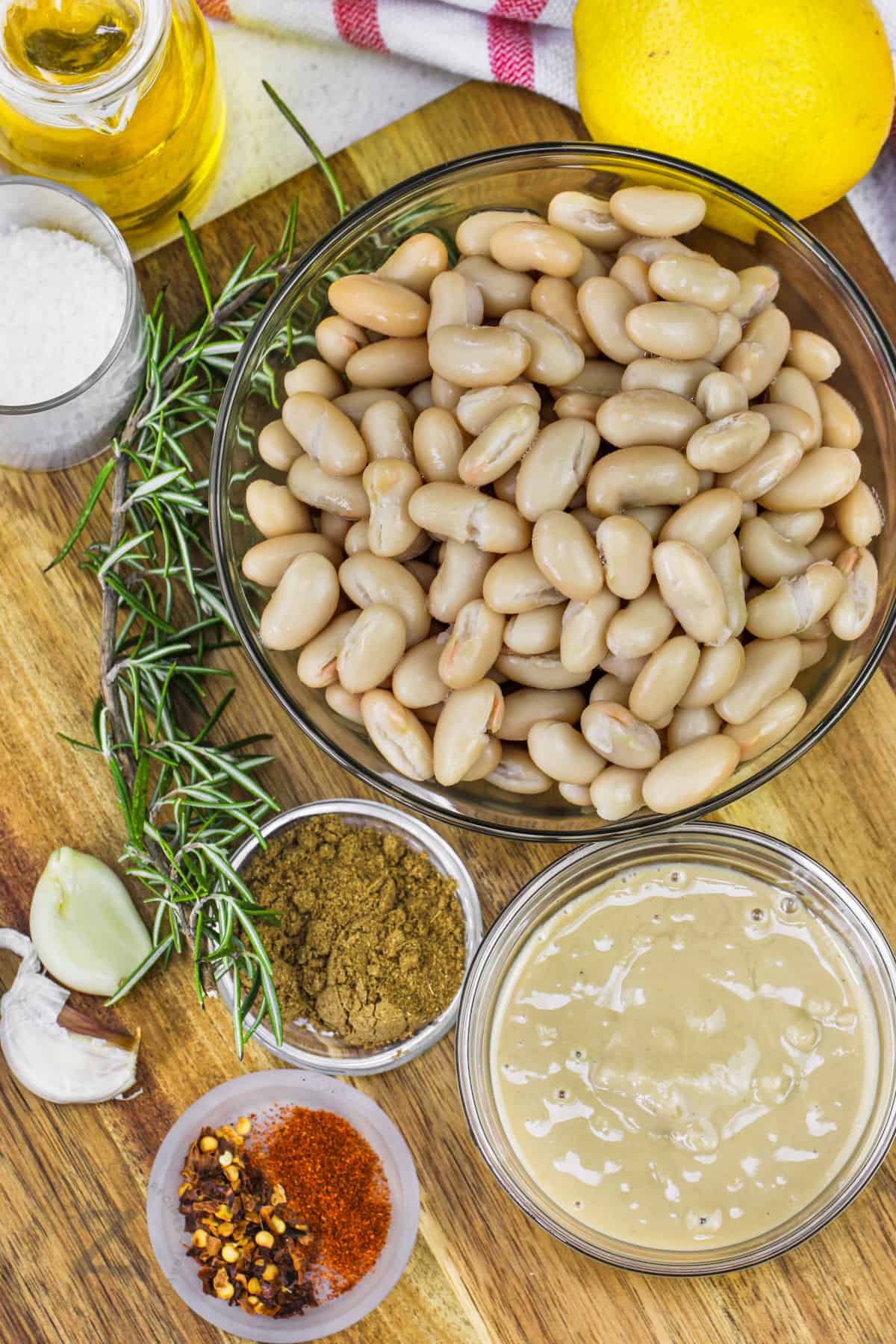 White Bean Hummus ingredients on a table