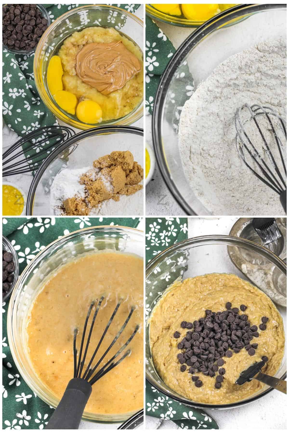 process of mixing wet and dry ingredients together to make Peanut Butter Banana Muffins
