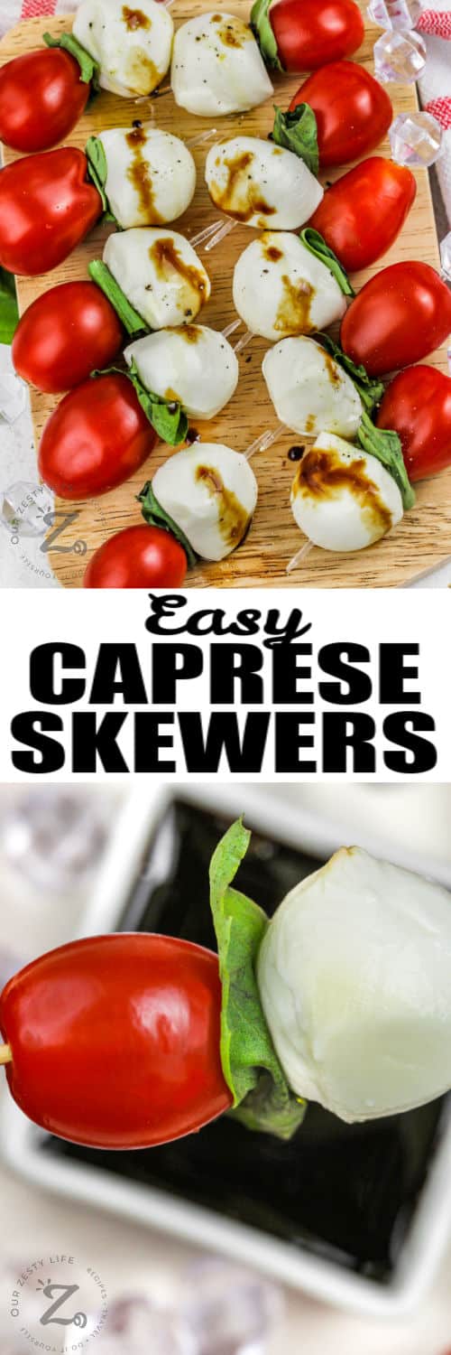 plated and close up of Caprese Skewers with a title