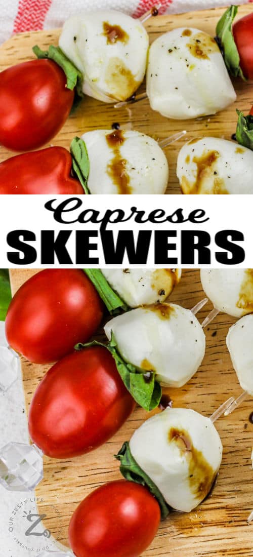 plated Caprese Skewers with a title