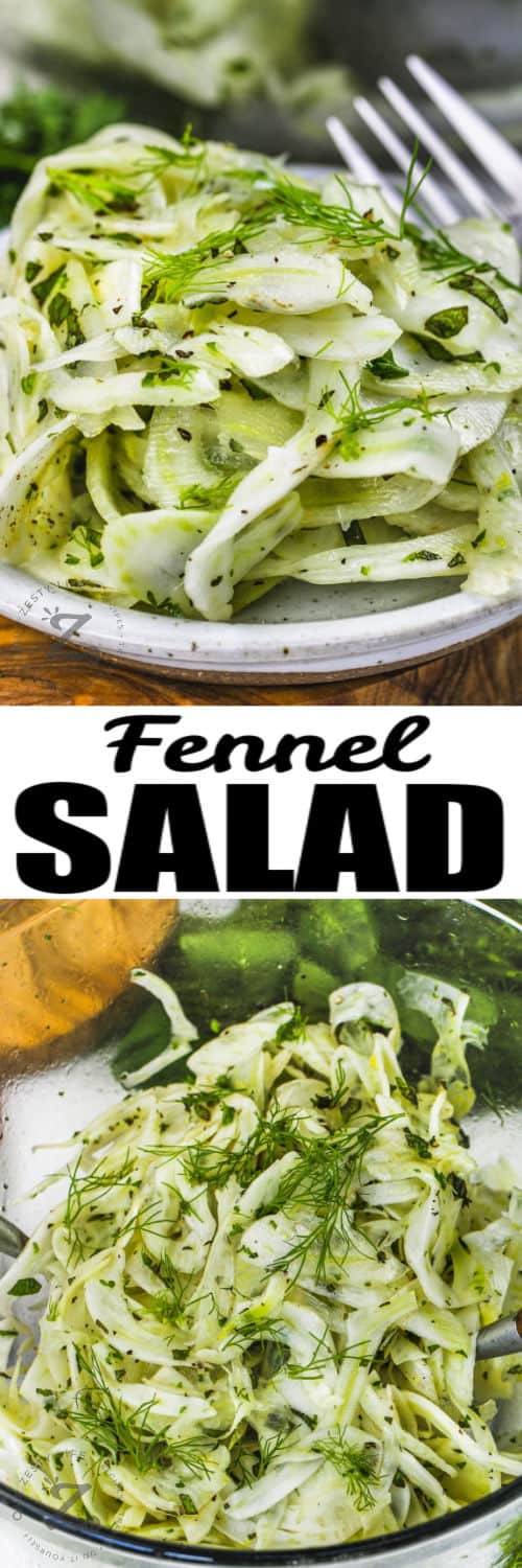 Fennel Salad in a bowl and plated with writing