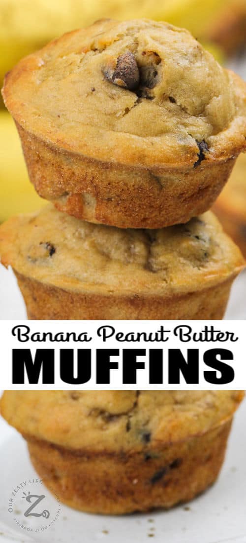 stack of Peanut Butter Banana Muffins with writing