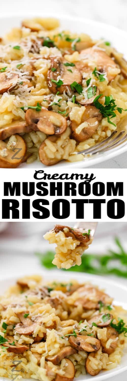 cooked Risotto with Mushrooms on a plate and fork with writing