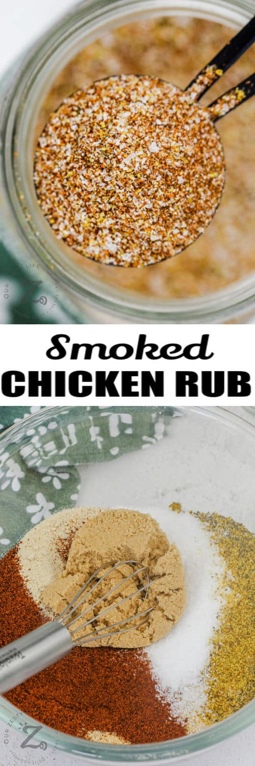 Smoked Chicken Rub before and after mixing together spices with a title