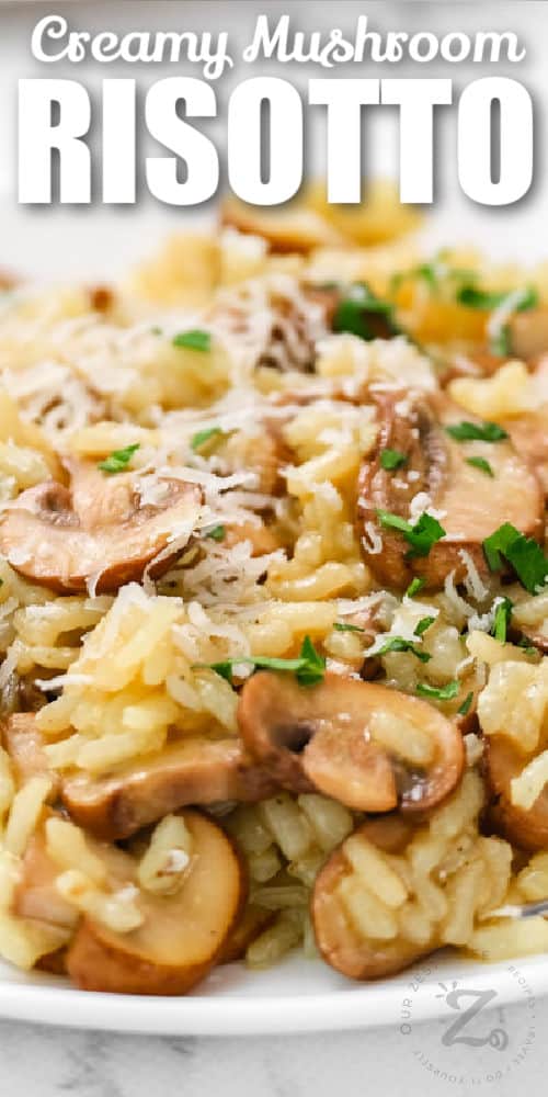 close up of Risotto with Mushrooms with a title