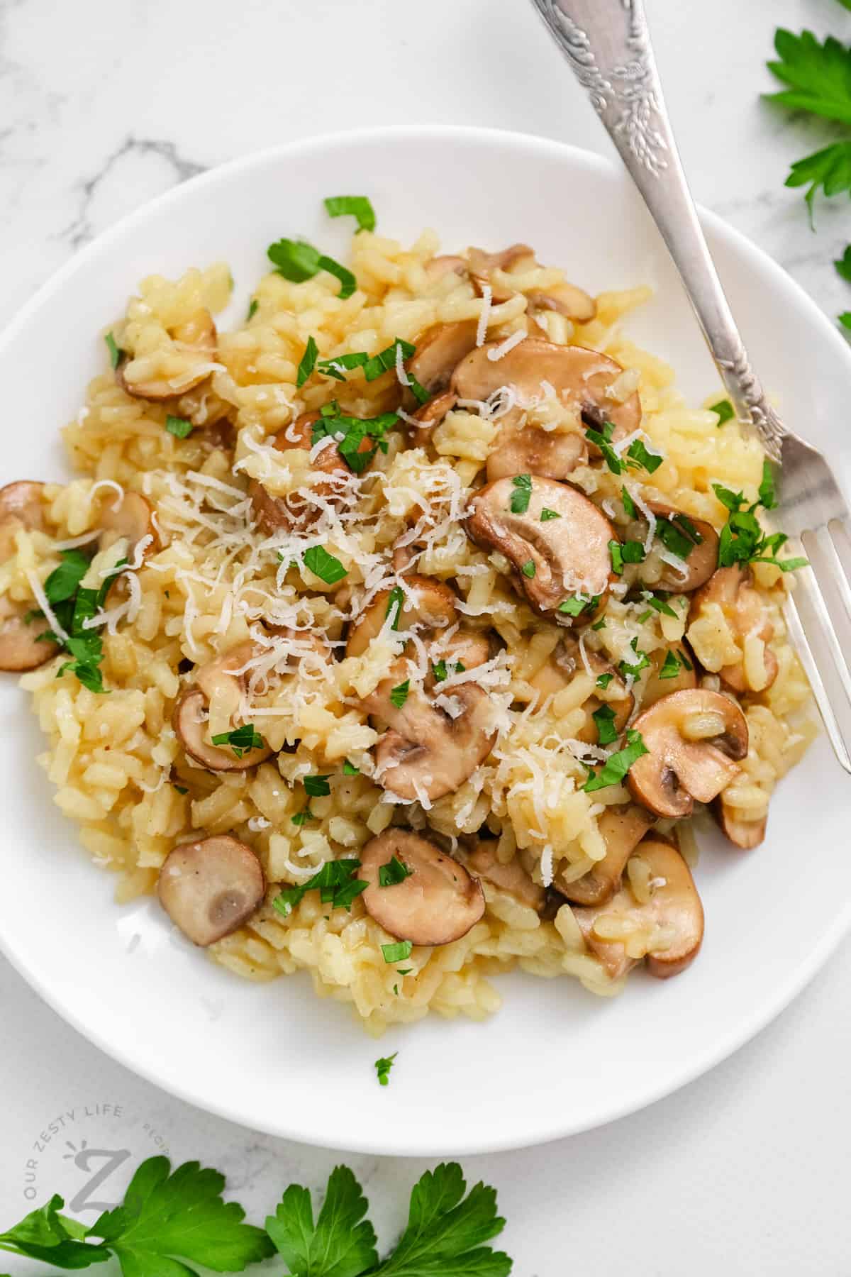 top view of Risotto with Mushrooms on a plate
