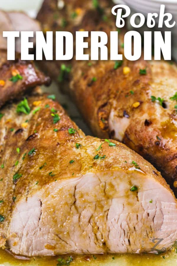 cooked Baked Pork Tenderloin with writing