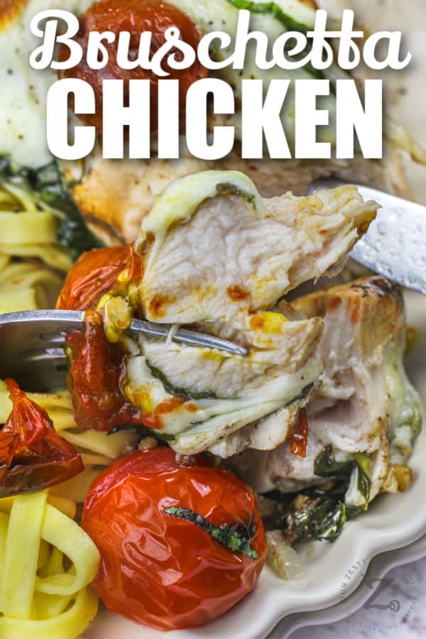 Bruschetta Chicken on a fork with a title