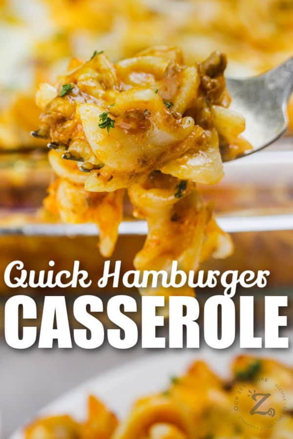 cheesy Hamburger Casserole on a fork with a title