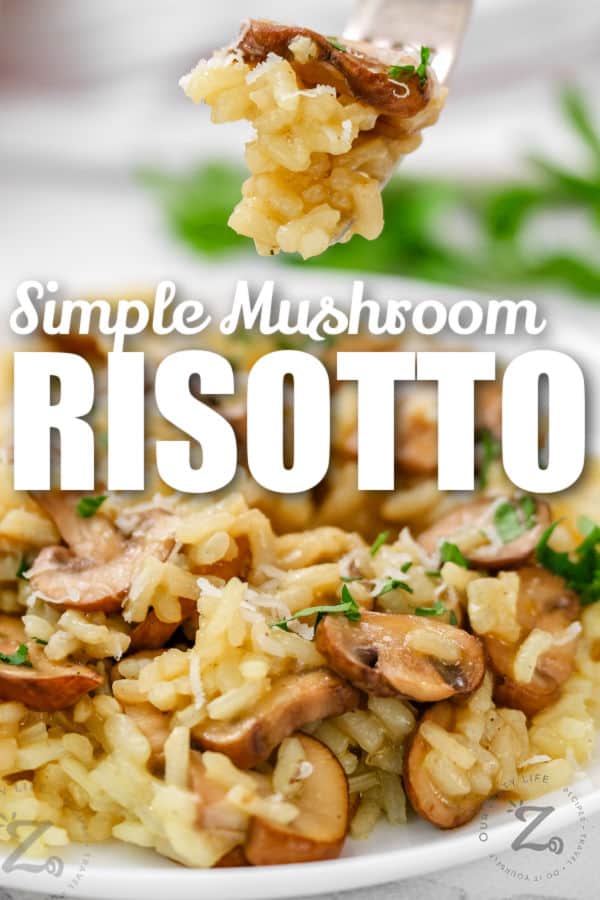 close up of Risotto with Mushrooms on a fork with writing