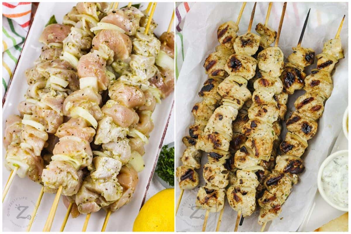 Chicken Souvlaki before and after cooking