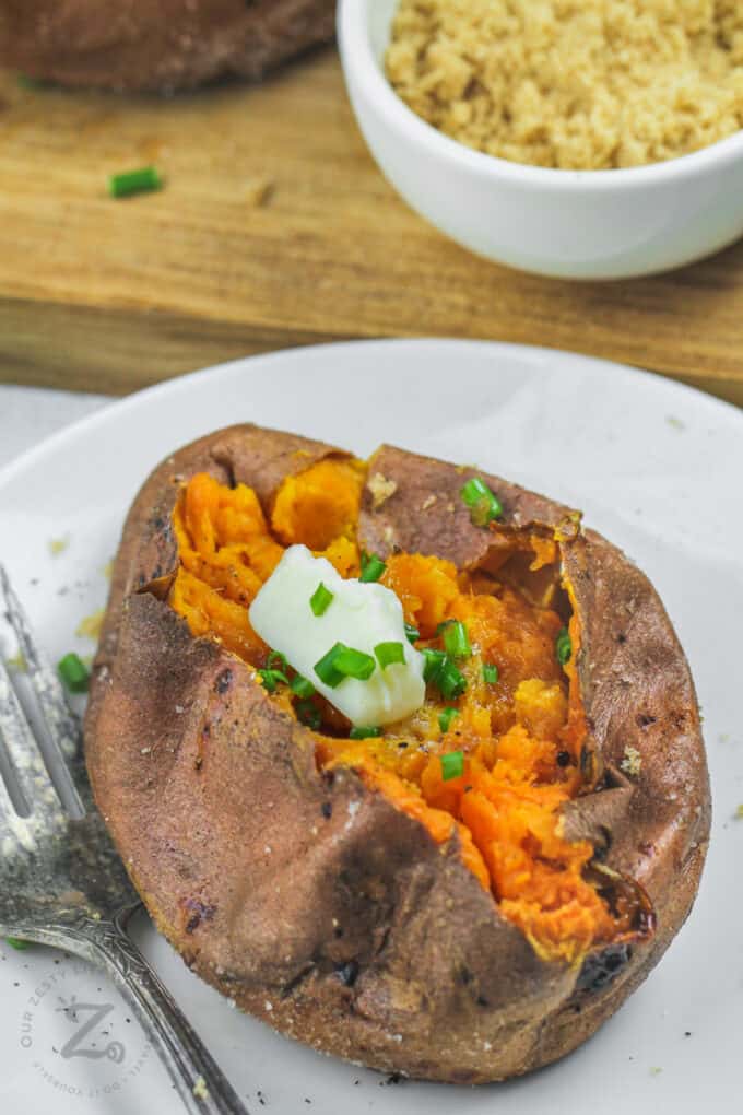 Air Fryer Baked Sweet Potato (Just 5 Minute Prep!) - Our Zesty Life