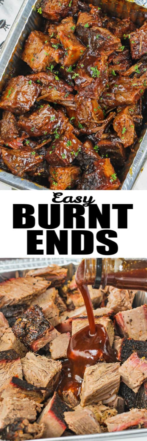 adding sauce to steak and cooked Burnt Ends with a title