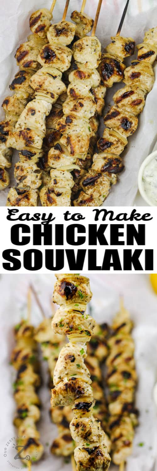 Chicken Souvlaki on a plate and close up with writing