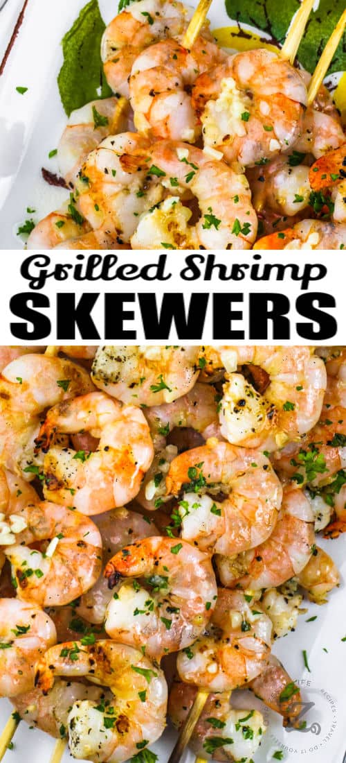 plated Grilled Shrimp Skewers with writing