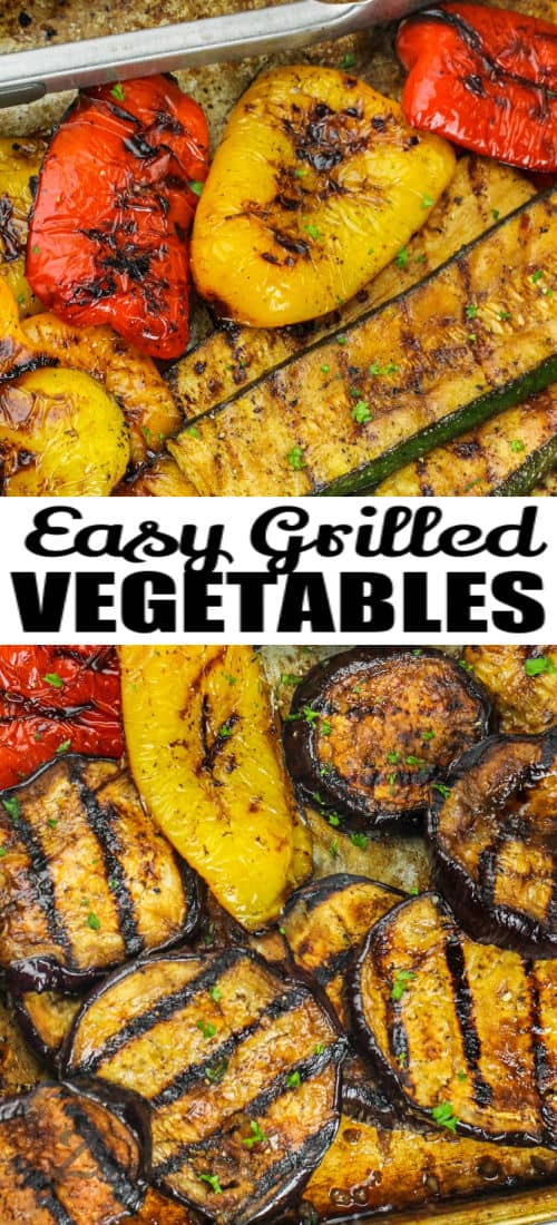 Grilled Vegetables on a sheet pan with writing