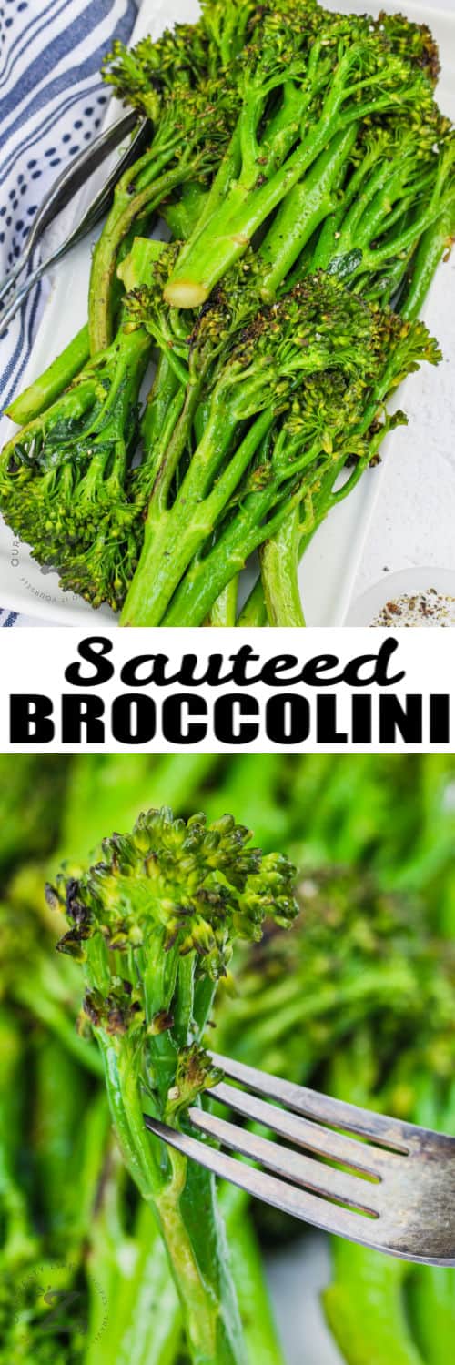 Sauteed Broccolini on a plate and fork with writing