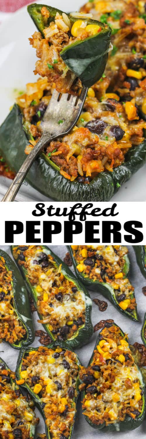 Stuffed Poblano Peppers cooked on a sheet pan and plated with writing