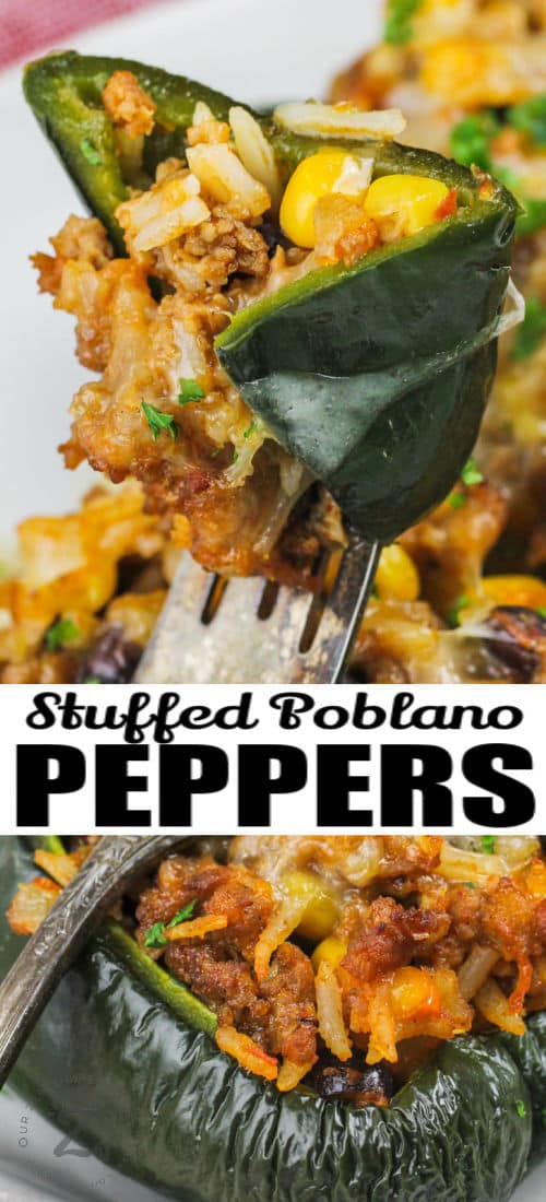 Stuffed Poblano Peppers on a fork with writing