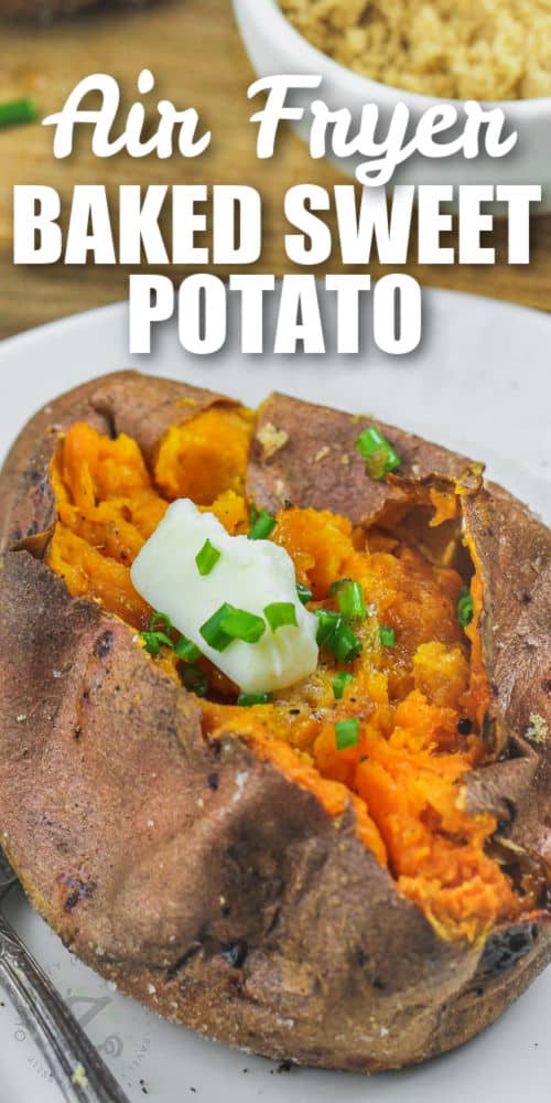 Air Fryer Baked Sweet Potato with sour cream on a plate with a title