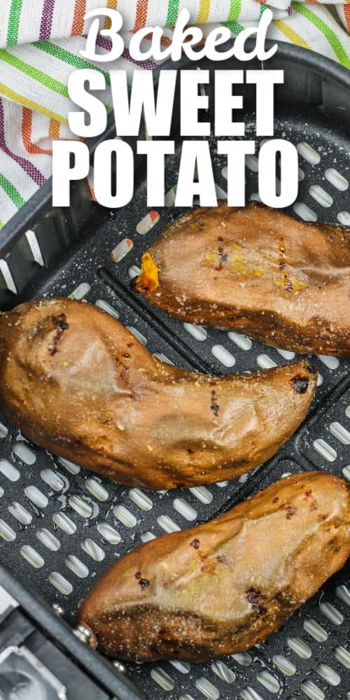close up of Air Fryer Baked Sweet Potato in the fryer with a title