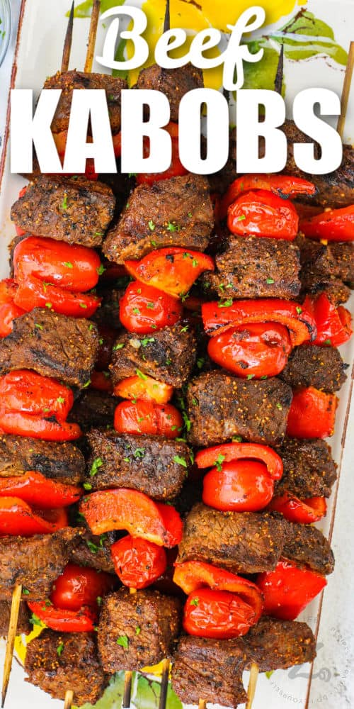 Beef Kabobs on a plate with a title