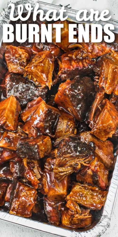 Burnt Ends in a pan with writing
