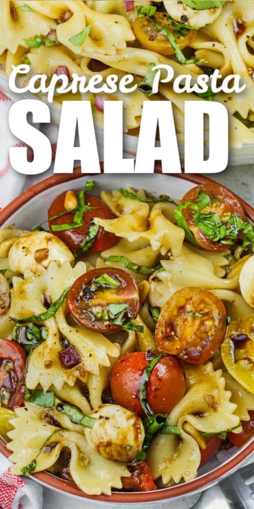 bowl of Caprese Pasta Salad with a title