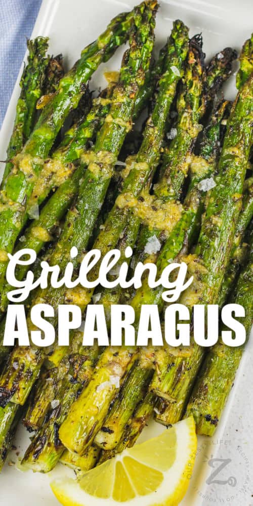 Grilled Asparagus on plate with a title