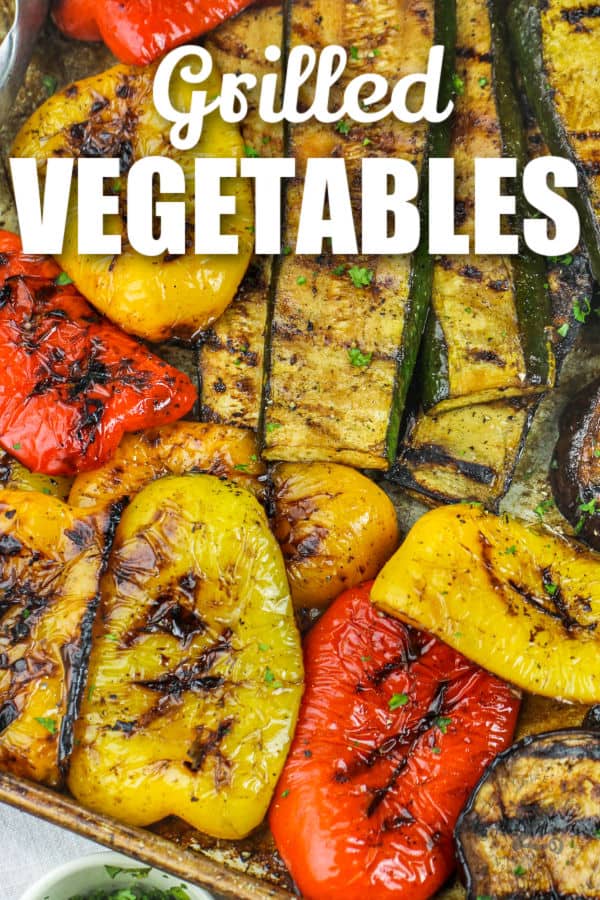 close up of Grilled Vegetables with a title