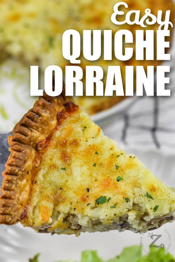 slice of Quiche Lorraine with writing